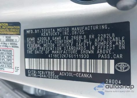 2006 Toyota Camry Le из США, поврежденный, VIN 4T1BE32K76U111930